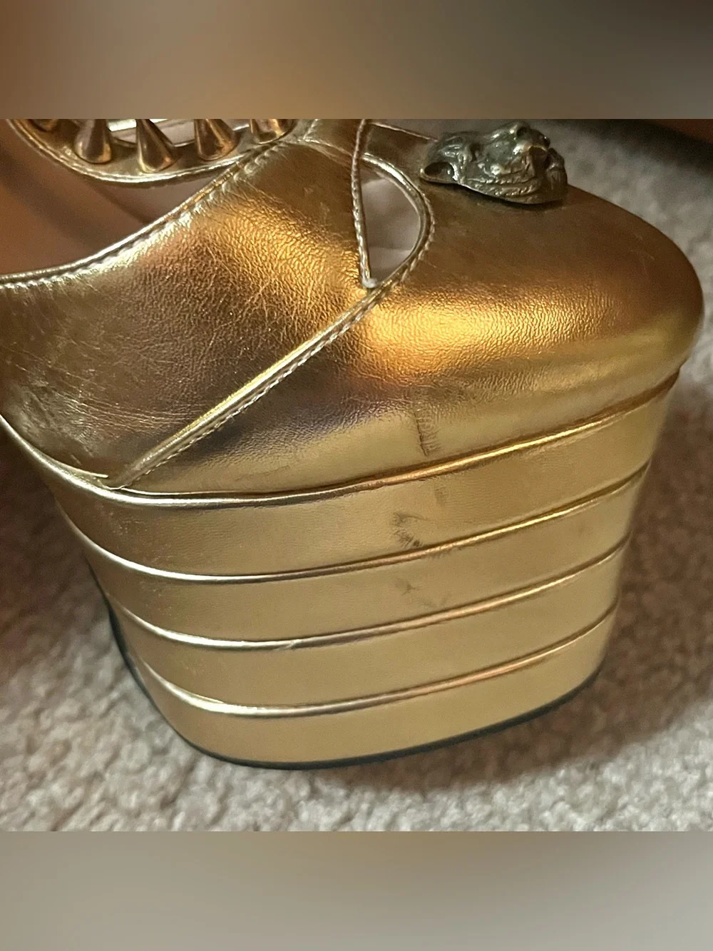Gold metallic tiger spiked t-strap platform heels 7.5